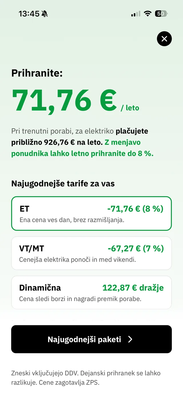 Primerjava dobaviteljev elektrike v aplikaciji Tarifnik