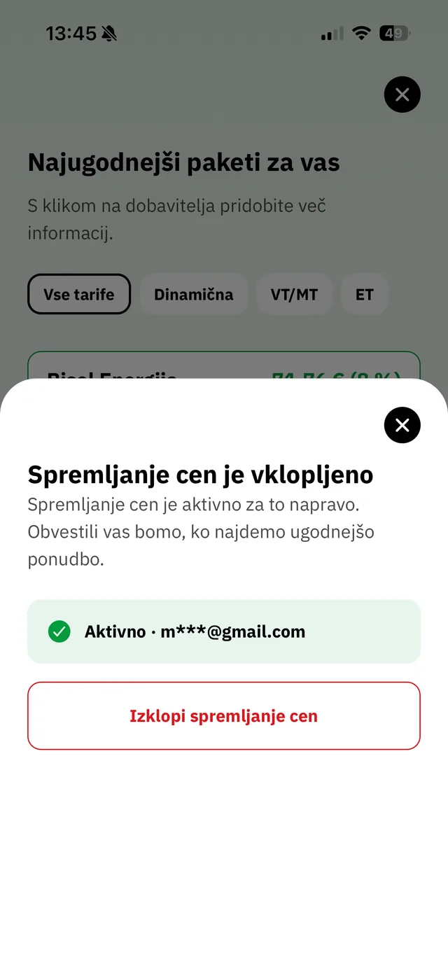 Spremljanje cen je vklopljeno v aplikaciji Tarifnik