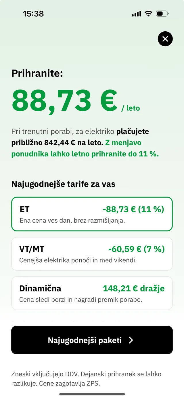 Tarifnik – letni prihranek in najugodnejše tarife (ET, VT/MT, dinamična)